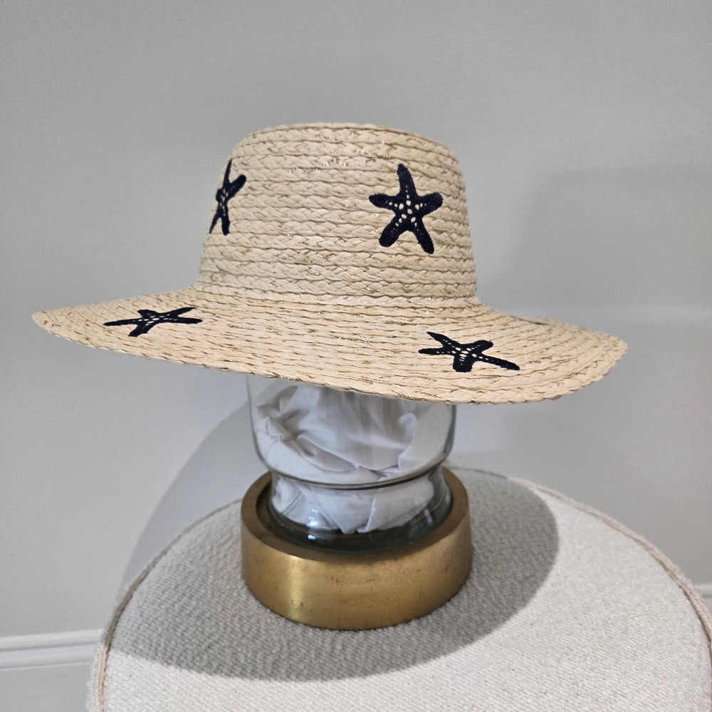 NWT Mud Pie Sun Hat OS Natural Navy Starfish Wide Brim Hat
